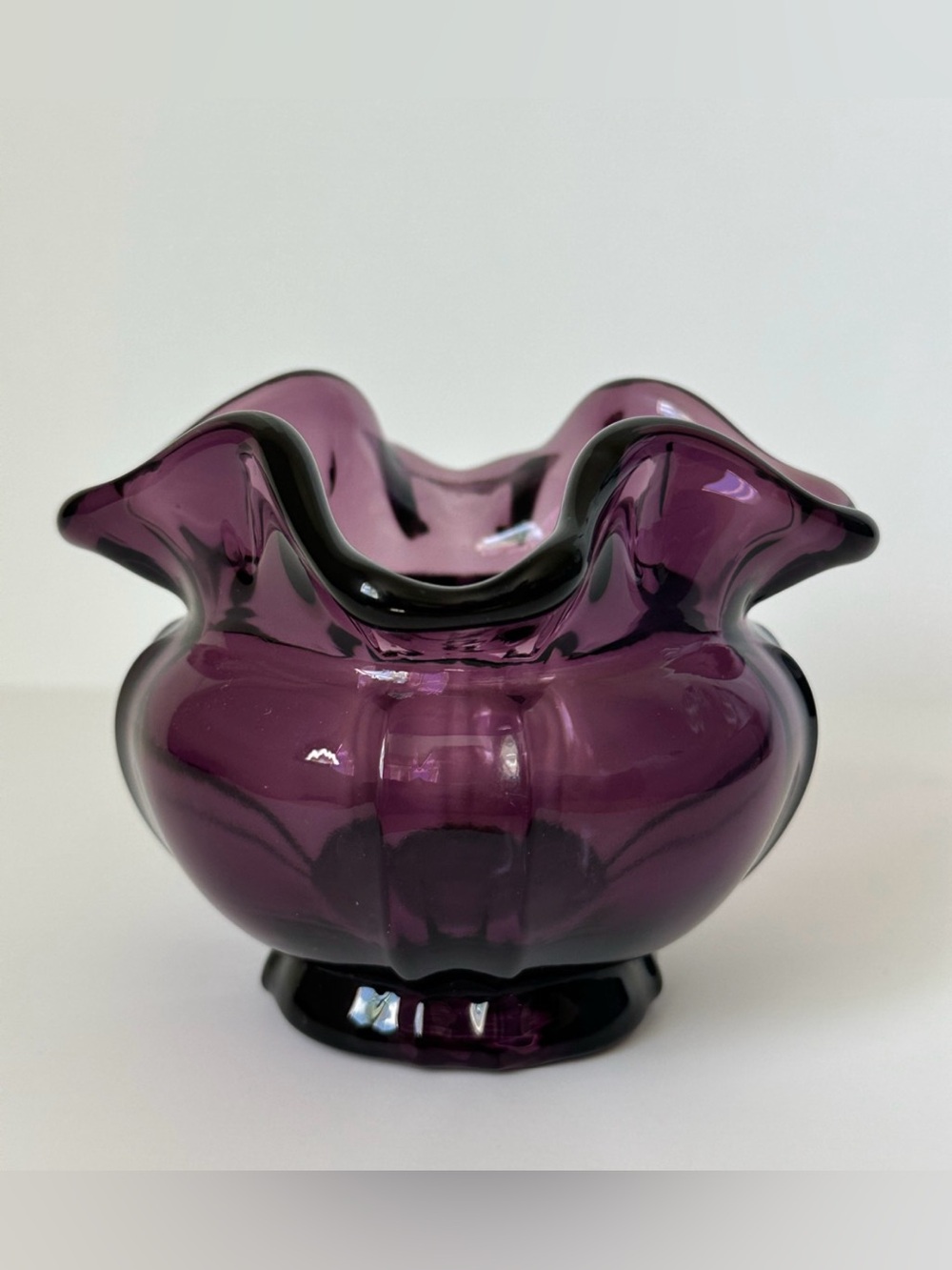 Fenton Glass Vintage Dark Plum Amethyst Purple Ruffled Rose Bowl Melon Vase